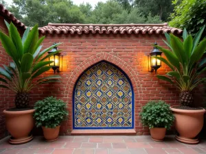 Moroccan-Inspired Brick Wall - A brick wall with colorful Moroccan tiles inset, surrounded by potted palms and Mediterranean plants, lantern lighting