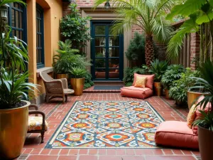 Moroccan Inspired Brick Patio - A vibrant brick patio with intricate geometric patterns, featuring colorful mosaic tiles, exotic plants in brass planters, and plush floor cushions