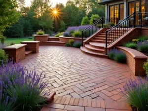 Multi-Level Brick Patio Haven - A stunning multi-level raised brick patio with terracotta-colored pavers, featuring integrated planters and wrought iron railings, surrounded by lavender and ornamental grasses, photographed in warm evening light