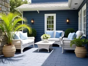 Navy Blue Coastal Patio - A coastal-style patio with navy blue painted bricks, white wicker furniture, potted palms, and nautical rope details