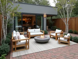 Nordic-Inspired Brick Patio - Scandinavian-style brick patio with a modern concrete fire pit, minimal design, light wood furniture, and ornamental birch trees