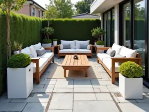 Nordic Minimalist Brick Space - A clean-lined brick patio with light gray pavers, featuring scandinavian wooden furniture, white planters, and simple geometric patterns