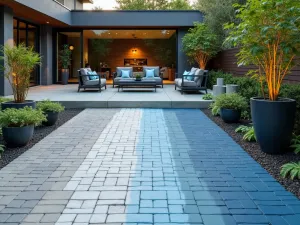 Ombre Painted Brick Patio - A modern patio with ombre effect painted bricks transitioning from light to dark blue, contemporary furniture, and architectural plants