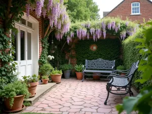 Pale Pink English Garden Patio - An English garden patio with pale pink painted bricks, climbing wisteria, classic iron benches, and traditional garden borders