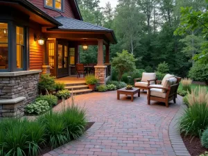 Prairie Style Brick Patio - A harmonious brick patio with earth-toned pavers, featuring native grasses, horizontal lines, and craftsman-style furniture and lighting