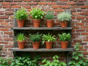 Rustic Brick Wall with Herb Garden - A distressed brick wall with mounted terracotta pots containing various herbs, cottage garden style