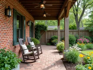 Rustic Brick and Timber Patio - A cozy rustic patio with exposed red brick walls, wooden beam pergola, vintage lanterns, and comfortable rocking chairs, surrounded by cottage garden flowers