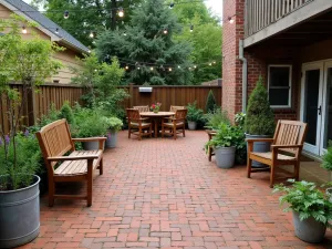 Rustic Farmhouse Brick Patio - Weathered red brick patio with random pattern, featuring rustic wooden furniture, galvanized metal planters with herbs, and string lights overhead