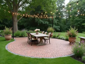 Rustic Farmhouse Round Patio - Large round brick patio with running bond pattern, featuring distressed brick edges, surrounded by wildflowers and grasses, with vintage farm table and string lights overhead