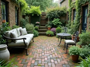 Rustic Reclaimed Brick Patio - A charming patio made from reclaimed antique bricks with moss growing between, surrounded by cottage garden perennials and vintage metal furniture