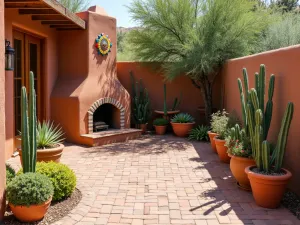 Rustic Southwest Brick Patio - A small southwestern style brick patio with adobe-colored pavers, featuring desert plants in ceramic pots, a chiminea, and colorful Mexican tilework accents