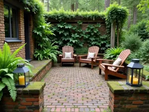 Rustic Woodland Brick Patio - A natural-looking raised brick patio with moss-covered edges, surrounded by ferns and hostas, featuring reclaimed wood furniture and vintage lanterns