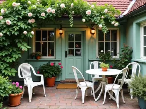 Sage Green Cottage Patio - A cozy cottage patio with sage green painted bricks, climbing roses, vintage metal chairs, and a distressed white table, soft natural lighting