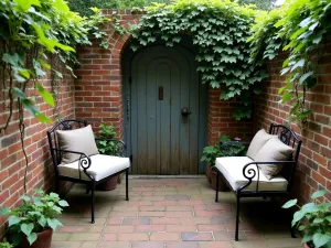 Secret Garden Brick Nook - An intimate brick patio corner with moss-covered edges, featuring climbing ivy, vintage garden gates, and antique metal furniture with plush cushions