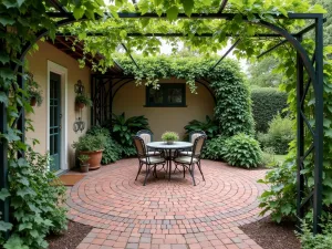 Secret Garden Brick Patio - Intimate red brick patio with circular pattern, surrounded by climbing vines on antique iron arches, vintage bistro set, and mixed cottage plantings