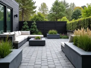 Slate Gray Contemporary Patio - A contemporary patio with slate gray painted bricks, modern sectional seating, built-in planters with ornamental grasses, clean lines