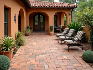 Southwest Style Brick Patio - A warm-toned brick patio with terra cotta and sand-colored bricks in a Spanish pattern, decorated with succulent gardens and Mexican tile accents