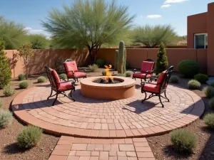 Southwest Style Circular Patio - Round adobe-colored brick patio with sunburst pattern, surrounded by desert landscaping, featuring iron furniture with southwestern patterns and a central fire pit