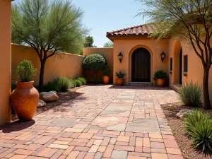 Southwest Inspired Brick Patio - A warm-toned brick patio with traditional Mexican Saltillo tiles mixed in, featuring desert plants, colorful pottery, and iron accents