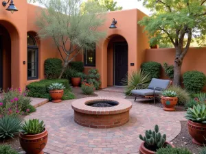 Southwest Style Brick Patio - Adobe-inspired brick patio with a chiminea-style fire pit, colorful Mexican tiles, and desert-adapted succulents in painted pottery