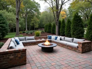 Sunken Brick Patio Fire Pit Lounge - A sunken brick patio with running bond pattern, built-in seating walls, central gas fire pit, and modern cushions, creating an intimate conversation area