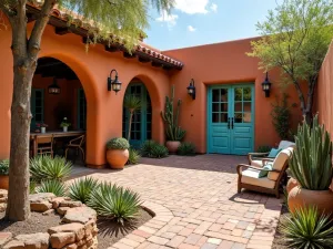 Terracotta Southwest Patio - A southwestern-style patio with terracotta painted bricks, desert plants, turquoise accents, and authentic Mexican tiles