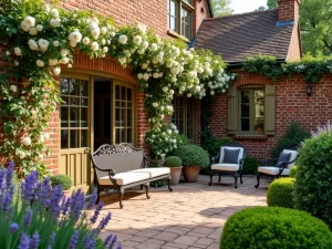 Traditional Red Brick English Garden Patio - A charming English garden patio with weathered red brick walls, climbing roses, wisteria, and traditional iron furniture, bordered by lavender and boxwood hedges, warm afternoon light