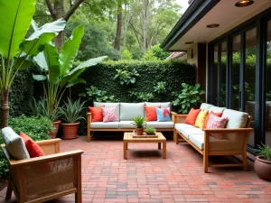 Tropical Brick Paradise - Red brick patio with basketweave pattern, surrounded by lush tropical plants, featuring teak and rattan furniture, and colorful outdoor cushions