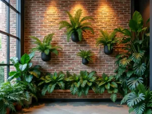 Tropical Brick Wall Oasis - A brick wall backdrop with mounted staghorn ferns, tropical foliage, and integrated misting system