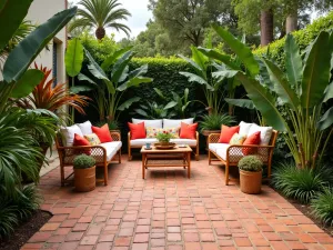 Tropical Paradise Brick Patio - A vibrant brick patio with warm-toned pavers, surrounded by tropical plants, featuring bamboo furniture and colorful outdoor cushions