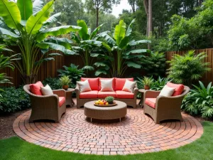 Tropical Paradise Round Patio - Circular brick patio with basket weave pattern, surrounded by banana plants, bird of paradise, and tropical ferns, featuring modern wicker furniture with bright cushions