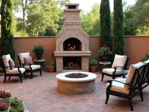 Tuscan Villa Brick Patio - Warm Tuscan-style brick patio with a stone pizza oven and fire pit combo, terra cotta pots with Italian cypress, and iron dining set