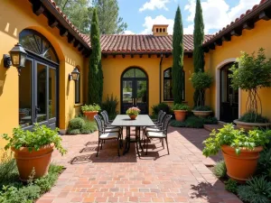 Tuscan Yellow Painted Patio - A Tuscan-inspired patio with warm yellow painted bricks, Mediterranean cypress trees, terracotta pots, and iron dining set