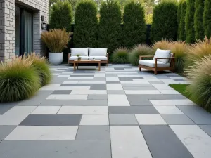 Two-Tone Gray Painted Patio - A modern patio with alternating light and dark gray painted bricks in a geometric pattern, minimalist furniture, and tall ornamental grasses