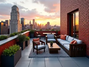 Urban Brick Rooftop Patio - A modern urban rooftop patio with red brick walls, composite decking, contemporary furniture, and container gardens, city skyline view at sunset