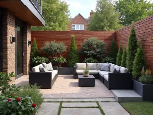 Urban Oasis Brick Design - A compact brick patio with vertical garden walls, featuring mixed red and charcoal bricks, modern outdoor furniture, and integrated LED floor lighting