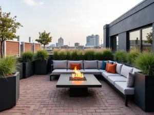 Urban Rooftop Brick Patio - Modern rooftop brick patio with a sleek fire table, contemporary outdoor sectional, and container gardens with ornamental grasses