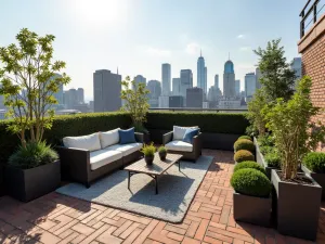 Urban Rooftop Brick Terrace - A sophisticated raised brick patio on a rooftop, featuring modern furniture, container gardens with urban-tolerant plants, and spectacular city views