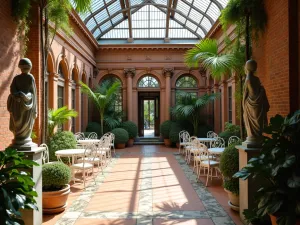 Victorian Brick Conservatory Patio - An elegant Victorian-style patio with ornate red brick walls, classical statuary, white cast iron furniture, and lush potted palms, greenhouse atmosphere