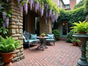 Victorian Inspired Brick Patio - An ornate brick patio with decorative borders, featuring cast iron furniture, climbing wisteria, and traditional Victorian plant stands with ferns