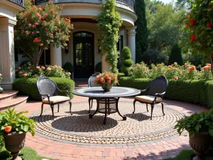 Victorian Garden Round Patio - Elegant circular brick patio with intricate basketweave pattern, ornate cast iron furniture, surrounded by formal rose gardens and classic architectural elements