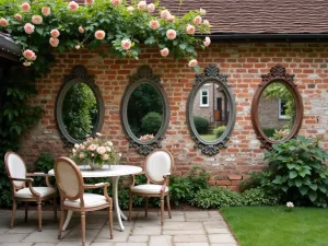 Vintage Brick Wall with Antique Mirrors - A weathered brick patio wall decorated with vintage mirrors and climbing roses, creating a romantic garden atmosphere