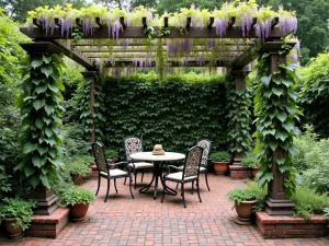 Vintage Courtyard Brick Patio - A charming raised brick patio with weathered red bricks, featuring antique wrought iron furniture, surrounded by English ivy and climbing wisteria on pergola posts