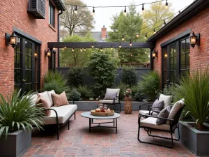 Vintage Industrial Brick Space - An industrial-style brick patio with reclaimed bricks, metal furniture, Edison bulb string lights, and steel planters with ornamental grasses