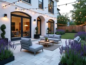 Crisp White Painted Brick Patio - A bright white painted brick patio with modern gray furniture, surrounded by lavender plants and string lights overhead, photographed in evening light, architectural style