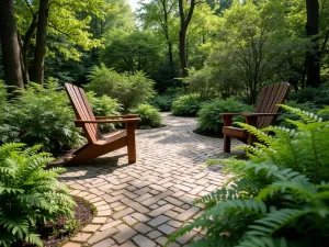 Woodland Brick Patio Retreat - A natural-looking brick patio with moss-covered edges, surrounded by ferns and hostas, featuring comfortable Adirondack chairs, dappled sunlight