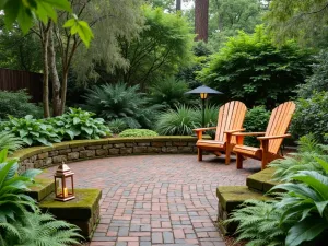 Woodland Brick Patio Retreat - A natural brick patio with moss-covered edges, surrounded by ferns and hostas, featuring wooden Adirondack chairs and copper lanterns