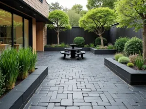 Zen Brick Retreat - A peaceful raised brick patio with charcoal pavers laid in a minimalist pattern, featuring Japanese forest grass, cloud-pruned shrubs, and a small water feature