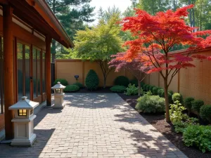 Zen Garden Brick Patio - A peaceful brick patio with dark clay pavers in a simple stacked pattern, featuring bamboo screens, stone lanterns, and Japanese maple trees