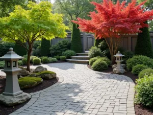 Zen Garden Brick Space - A peaceful brick patio with gray pavers in a basket weave pattern, featuring japanese maple trees, stone lanterns, and a small rock garden with moss